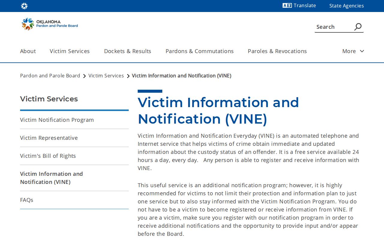 Official Oklahoma VINE limits for Nowata County release notifications